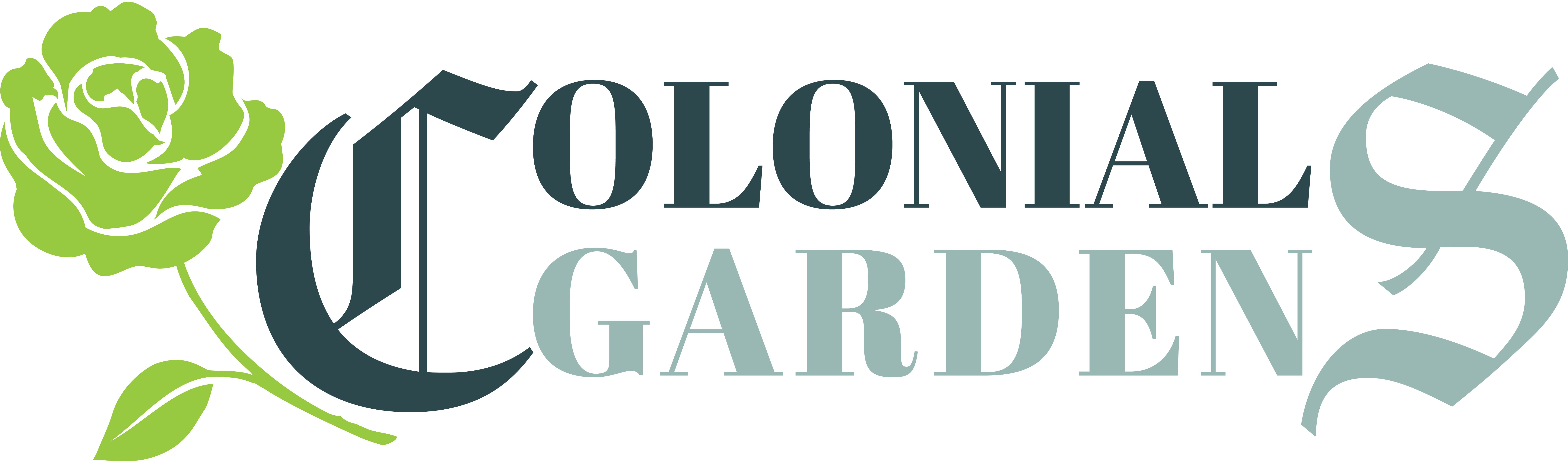 A logo with a rose and the words "Colonial Garden".